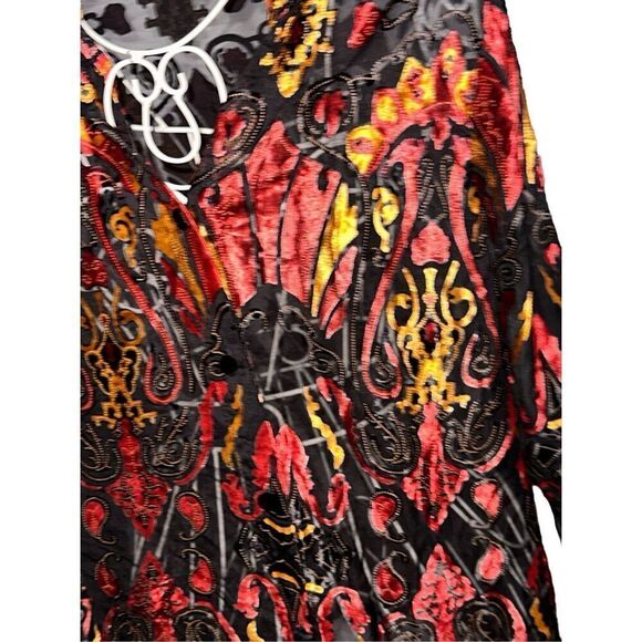 Beautiful women NYPL Button Up Sheer Floral Red Blouse Rayon size medium Long Sl - Picture 3 of 8